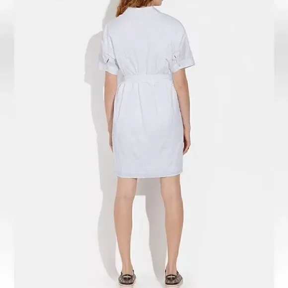 NWT Coach Wrinkled Button Down Dress White Short Sleeve Cotton Tie Pockets Mini - Picture 4 of 13